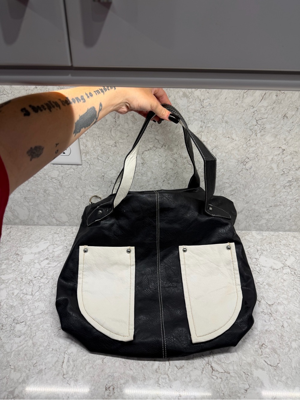 Yoki Black Tote with Gray Interior and White Trim